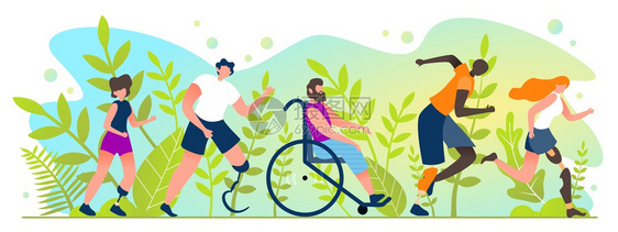 残疾人马拉松卡通Flat残疾人夏季国际竞赛残疾人跑步马拉松VectorI说明图片