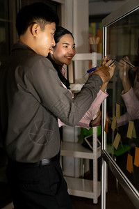 年轻成的亚洲商人和女晚在办公室用台式计算机白板开会作为辛勤工和迟到的概念图片