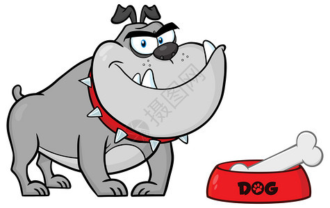 带碗和骨的微笑灰色公牛狗卡通字符带背景的矢量说明图片