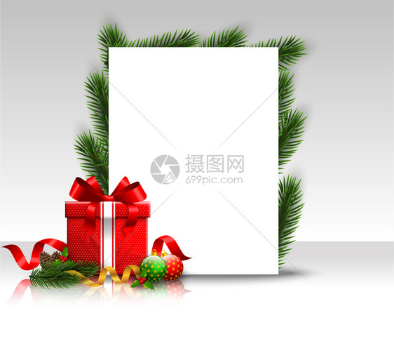 圣诞框架背景上面有小树枝和红球在礼物弓上贴纸标签矢量插图图片