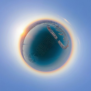 蓝色的地球小行星360度球体棕榈朱梅拉岛迪拜市中心天线阿联酋金融区和城商业的空中观察全景Skyscraper大楼背景