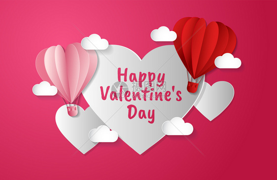 情人节快乐日打字器设计矢量纸切红心型热空气球飞翔图片