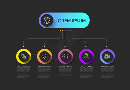 多用途矢量Infographic模板带有标题和五个元素选项以及暗底背景上的现代颜色图片