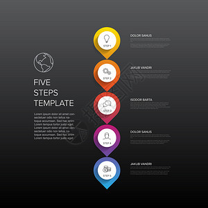 一二三四五矢量垂直进展模板包含五个步骤和描述暗背景版本图片