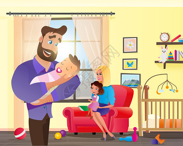 矢量卡通说明家庭幸福概念图像年轻怀有胡子的人抱着新生儿微笑的母亲和女儿坐在靠近窗户的红椅子上图片