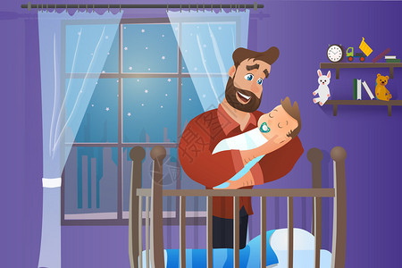 卡通夜晚年轻父亲抱着婴儿图片