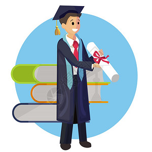 卡通快乐学生图像教育书和微笑学生持有文凭年轻人是研究生大学插画