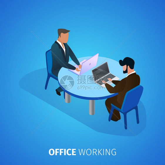 办公室工作广场银行几名坐在桌对面工作蓝色渐变背景的笔记本电脑上工作的商人企业雇员工作场所3DDIssologic矢量说明办公室工图片