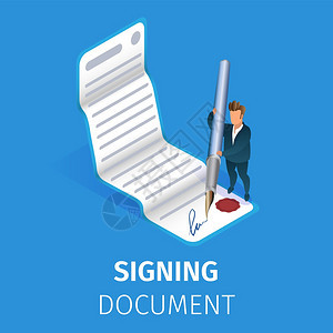 与大QuillPen在蓝背景上的大QuillPen签署正式诉讼文件的商人签署业协议或合同3DIsoectric卡通矢量说明Squ图片