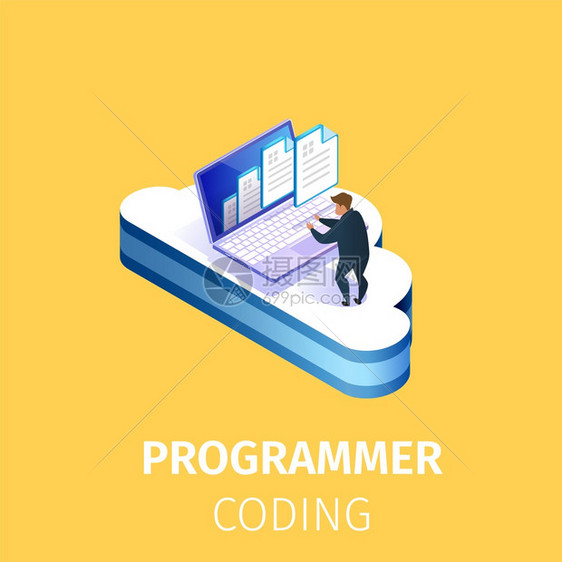 开发者办公室工作场所服务台开发者办公室软件方案编码程序3DIsoectric卡通矢量说明SquareBanner大云计算机程序编图片