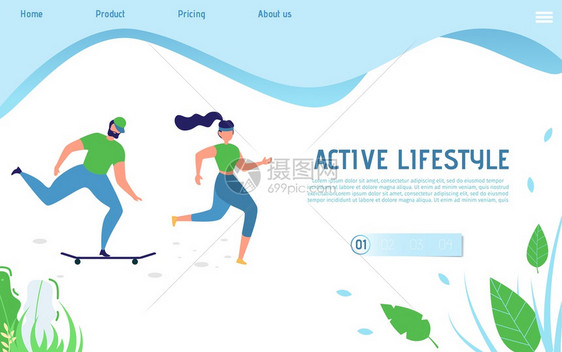运动者活跃生方式登陆网页卡通Flatman骑长板滑和妇女慢跑培训或娱乐户外活动健康休闲身应用矢量一说明图片
