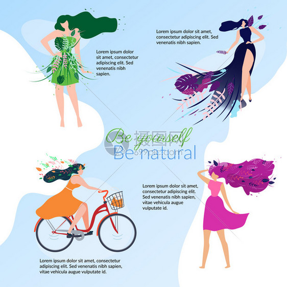 卡通矢量有树叶和植物的妇女孩骑自行车穿着优美服装的女子们图片