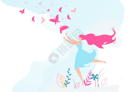 卡通粉红色长发女人抓蝴蝶矢量插画图片