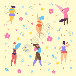 积极身体快乐加积女孩和极的健康生活方式多国妇女以草药面模式在黄背景上跳舞接受你的自主卡通平方矢量说明快乐加体大小女孩和积极的健康图片