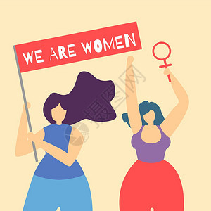 我们国际妇女日概念2两个女孩拥有发牌流和女手势现代社会运动矢量设计说明图片