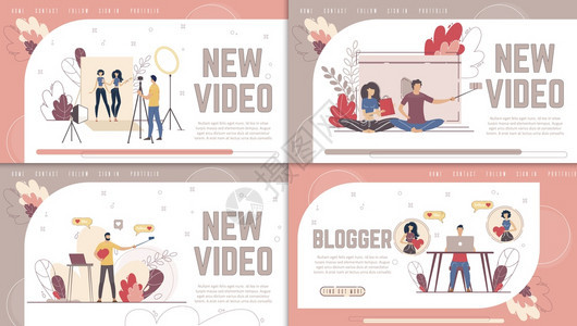 视频博客现场流博客生活方式和美容Vlogger在线内容制作演播室网站着陆页面模板集图片