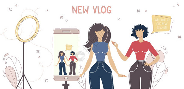 BlogHobby流动实况与互联网观众概念的交流女博客美容Vlogger启动新Vlog频道记录移动视频TrindyFlat矢量I图片