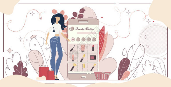 美容博客化妆品产在线商店顾问编造专家概念妇女搜索选取智能手机屏幕TrendyFlatVictorIExcultive图片