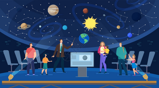 儿童背靠背在天文馆举办指导小组参观活动成人儿童学习空间太阳系星环