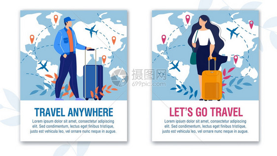 奇异冒险旅行和飞机超过世界动力集与男女旅行者垂直文本海报与行李袋站在一起图片