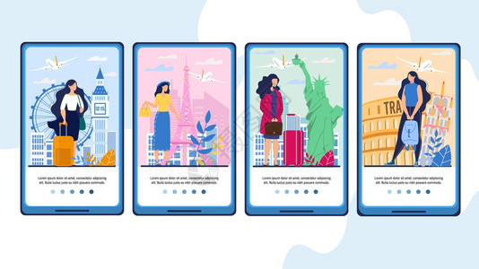 与女旅游客进行穿越欧洲在线预订飞机票旅游社服务与快乐旅行者一起上网电话屏幕设计组图片