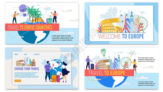 登陆页BannersSet提供前往欧洲和国外的旅游行环世界各地享受带行李选择最佳旅游的者假日行VectorI说明图片