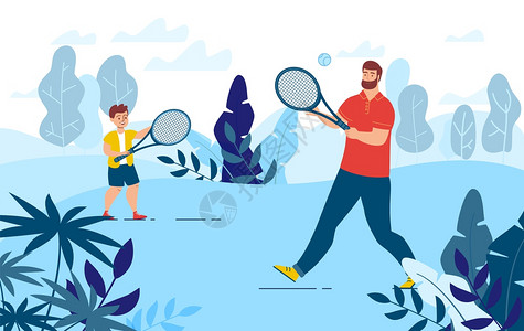 家庭活跃运动会户外人娱乐和健康生活方式概念父亲与儿子一起度过时间在公园的草坪玩网球休息在PicnicTrendyFlatVict图片