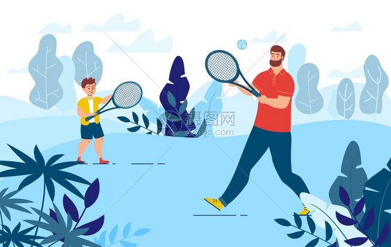 家庭活跃运动会户外人娱乐和健康生活方式概念父亲与儿子一起度过时间在公园的草坪玩网球休息在PicnicTrendyFlatVict图片
