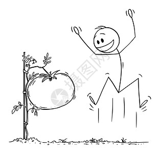 矢量卡通插图绘制人类或农民的概念插图跳跃和庆祝在自己的花园或农场植物上种大番茄或矢量卡通说明人或农民庆祝巨大番茄蔬菜在其花园或农图片