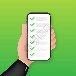 绿色复选列表智能手机调查矢量图解绿滴平板复选列表智能手机用于网络设计客户服务图片