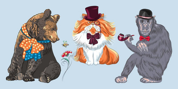 一群嬉皮动物戴碗帽的猴子和烟管弓领带戴熊帽子眼镜和领结的红毛色波斯猫背景图片