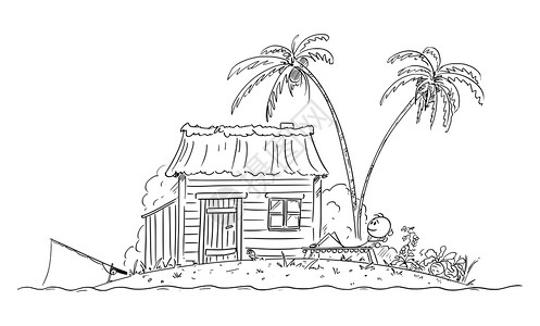 斯蒂里黑白矢量快乐独自生活在热带小岛屿上的人插图插画