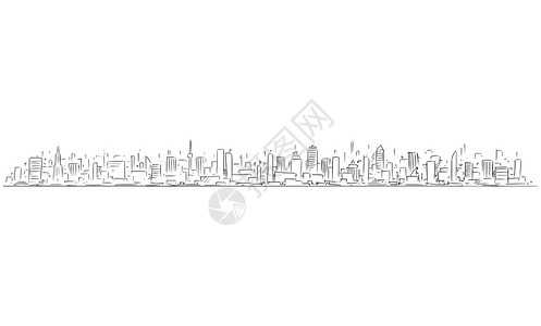 矢量漫画粗略和地绘制长横向城市天际线的概念图包括高商业和住宅建筑摩天大楼背景图片