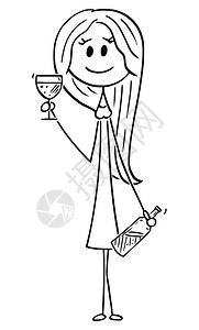 矢量卡通插图绘制有吸引力的年轻女子冒着酒杯和瓶的装扮概念插图图片