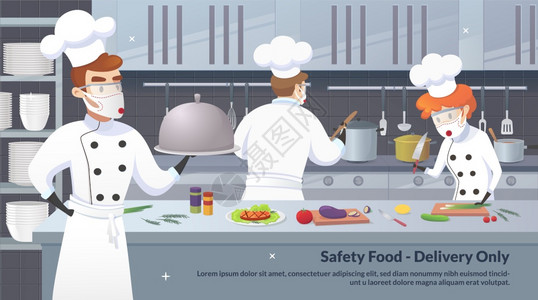 Banner说明安全食品仅交付商业厨房配有卡通字符厨师CookDish晚餐病媒厅厨房配有饮工作人员用的圆筒具图片