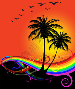 彩虹和鸟类海滩日落背景图片