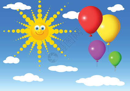 繁多的派对气球在天空上与太阳相伴图片