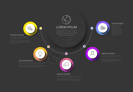 多用途矢量Infographic模板带有标题和五个元素选项以及暗底背景上的现代颜色图片