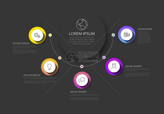 多用途矢量Infographic模板带有标题和五个元素选项以及暗底背景上的现代颜色图片