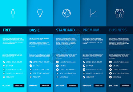 产品服务功能特征比较列表模板包括各种选项描述特征和价格深蓝色版图片