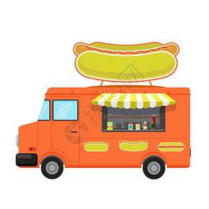 白色背景上孤立的橙色食品卡车白背景上孤立的红色食品卡车图片