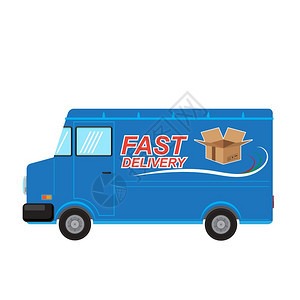 快速送货标记设计在蓝色卡车上加开纸框侧视图快速送货标记设计在蓝色卡车上加开纸盒侧视图图片