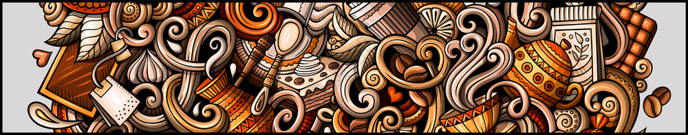 Cafe手画的涂鸦横幅卡通详细传单带有物品和符号的咖啡标识颜色矢量设计要素背景卡通详细传单背景