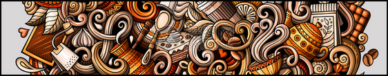 Cafe手画的涂鸦横幅卡通详细传单带有物品和符号的咖啡标识颜色矢量设计要素背景卡通详细传单图片