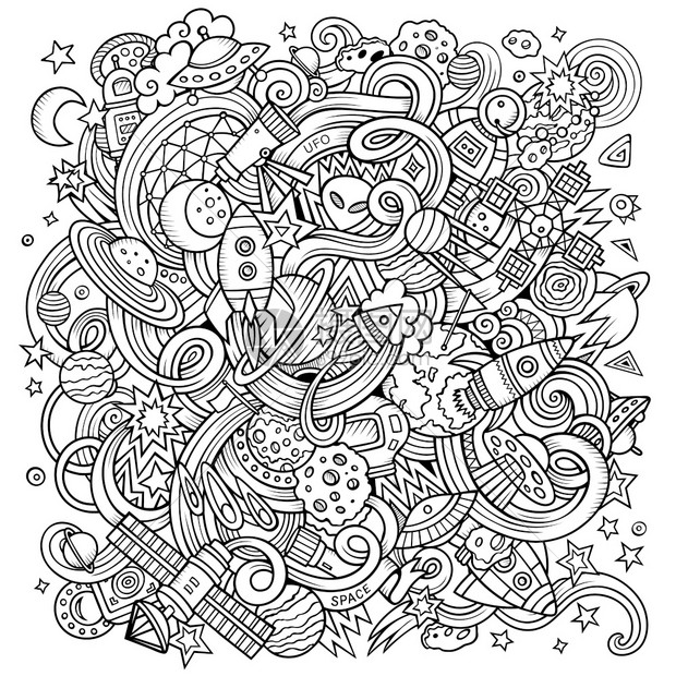 卡通手工绘制的涂鸦空间插图线条艺术详细有许多物体矢量背景
