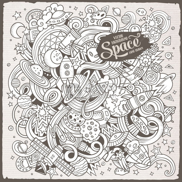 卡通手工绘制的涂鸦空间图解线条艺术详细有许多物体矢量背景详细