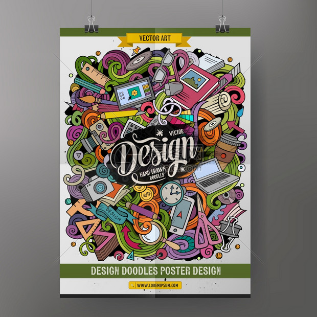 卡通手画的涂鸦设计师海报模板非常详细附有许多对象说明有趣的矢量