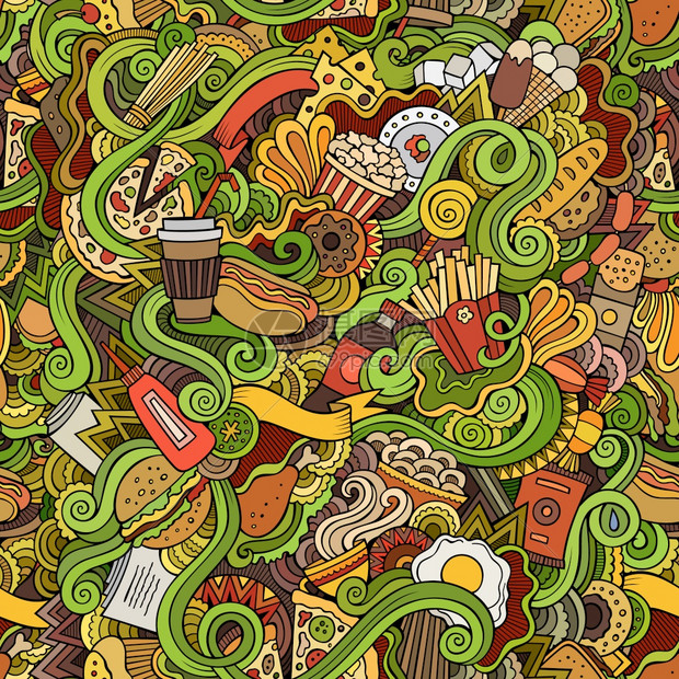 无缝手绘制的涂鸦是抽象快速食品模式插画图片下载-正版图片306145687