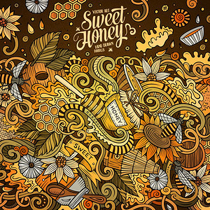 卡通可爱的面条手工绘制蜂蜜框架设计色彩详细包含许多对象背景有趣的矢量插图明亮的颜色边框卡通面条蜂蜜框架设计图片