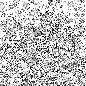 卡通手工拖曳的面条冰cream插图线条艺术详细有许多对象矢量设计背景图片